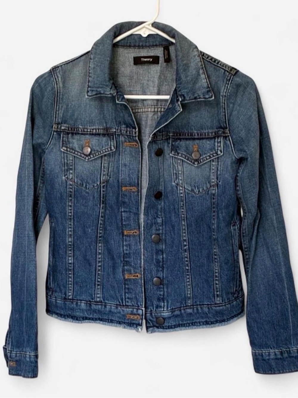 Theory Women's Blue Denim Jacket with raw frayed hem size 00